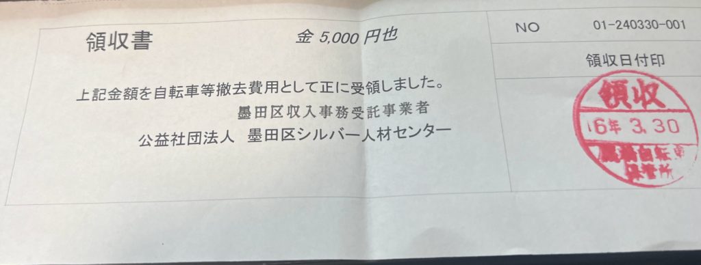 自転車の撤去料を払ってきた